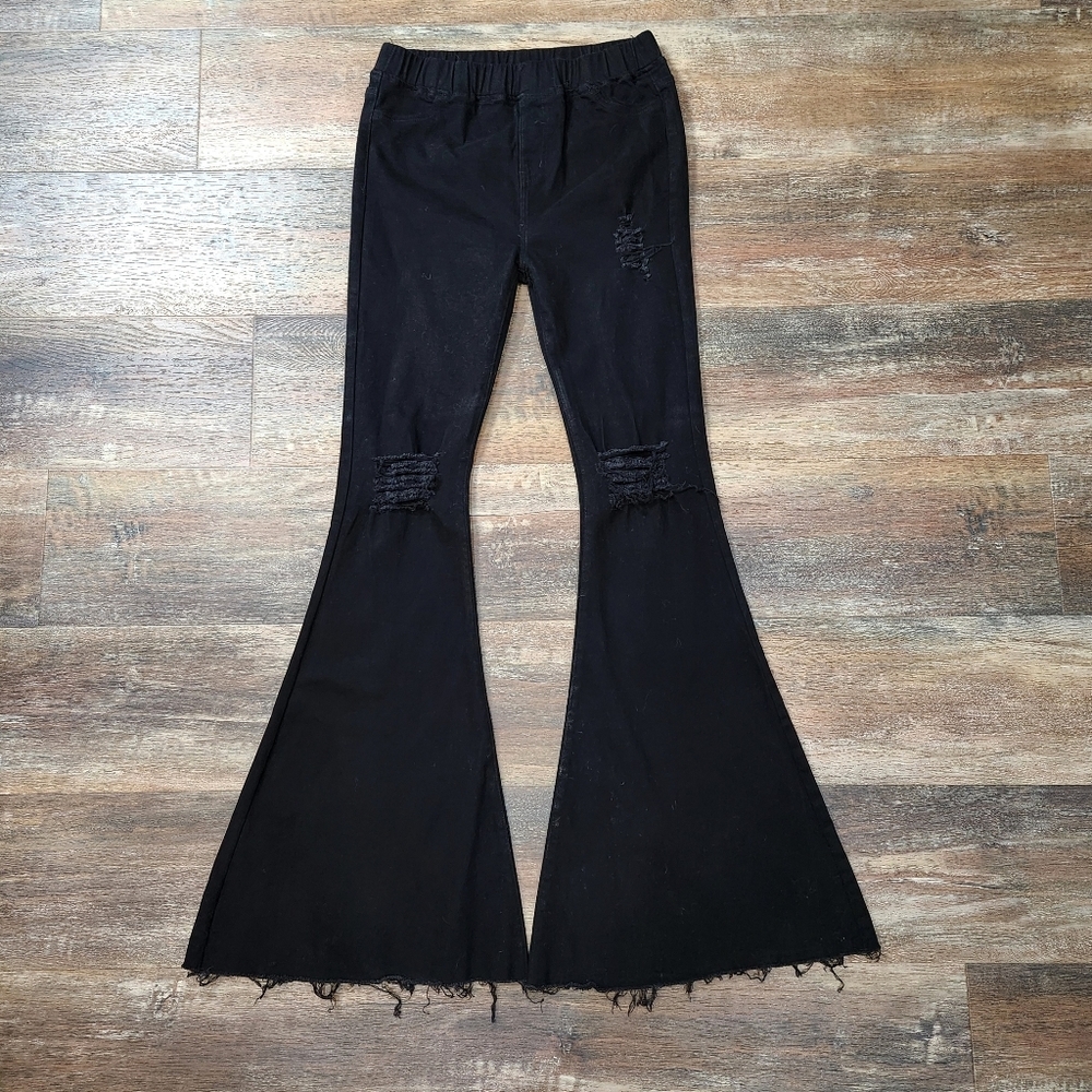 Aaron & Amber Pull On Flare Bell Bottom Jeans Women's Medium Black Distressed